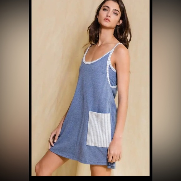 V-neck Mini Dress With Built In Romper Lining- Denim - Picture 2 of 9